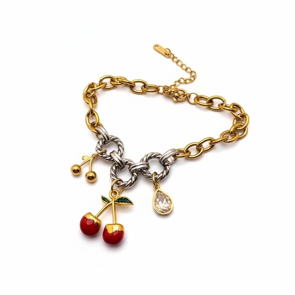 Gold and Silver Cherry Charm Bracelet